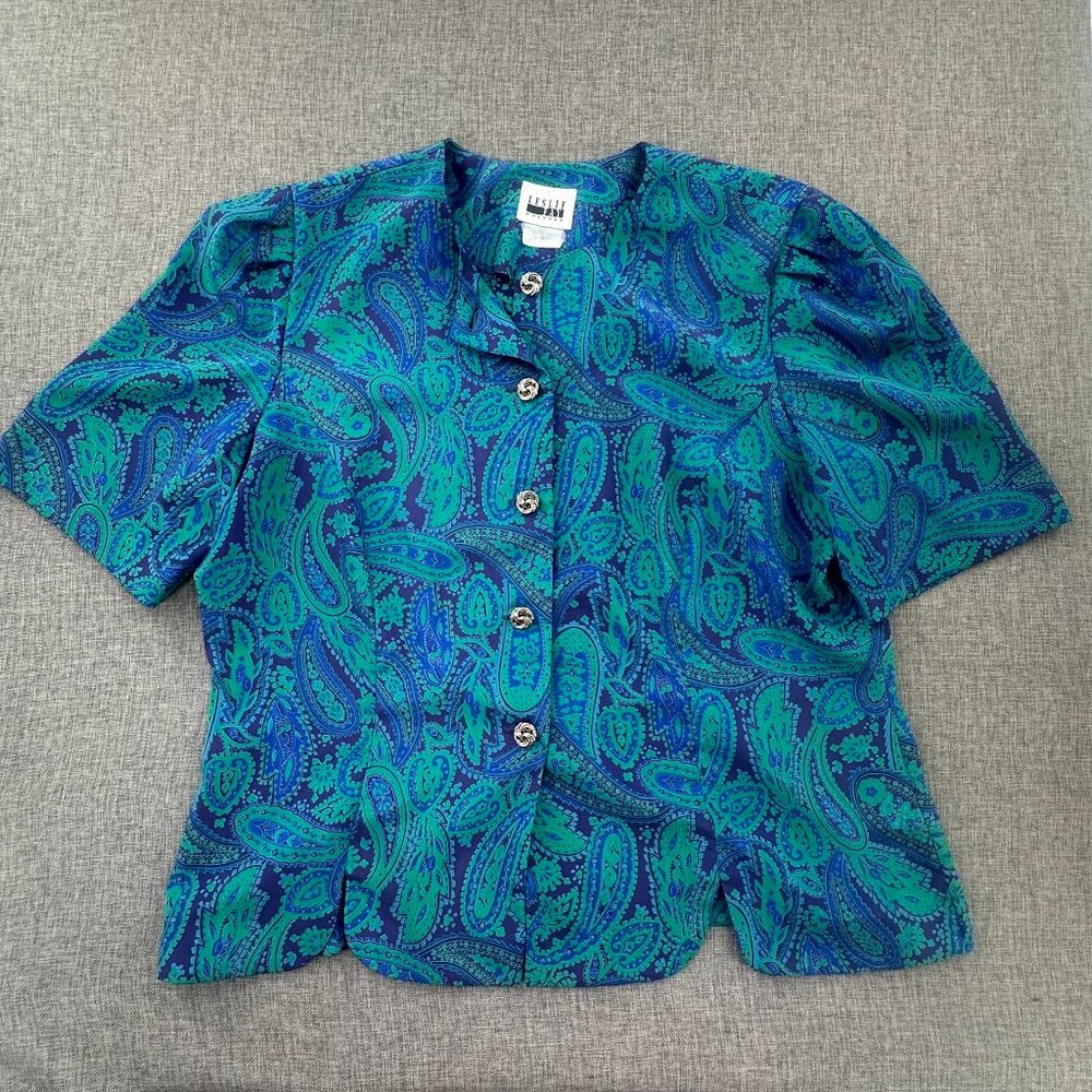 Vintage Leslie Fay Button Blouse Short SleeveTurquoise Blue Paisley Print 14 Pol